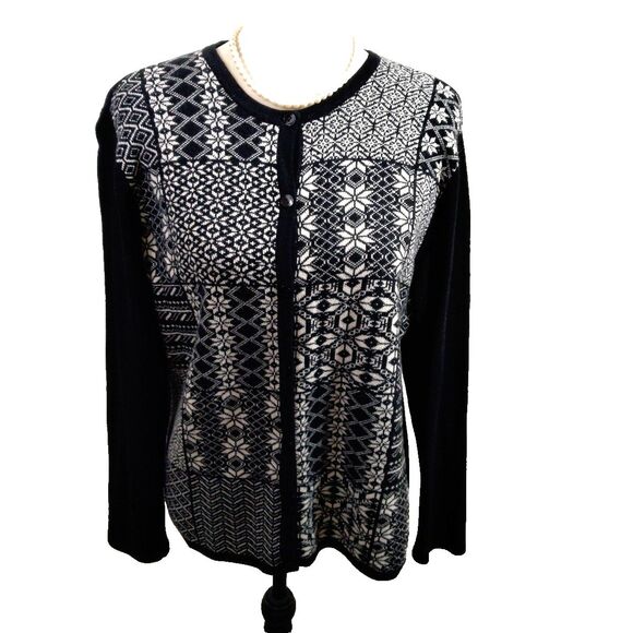 Talbots Sweaters - Talbots Womens Large Cardigan Sweater Black White Merino Wool Cashmere Blend